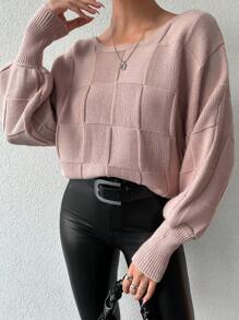 EURMUSE Women's Round Neck Solid Color Drop Shoulder Loose Knitted Sweater - Dusty Pink - View 6