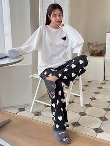 DAZY Heart Print Drop Shoulder Lounge Set - Black and White - View 4