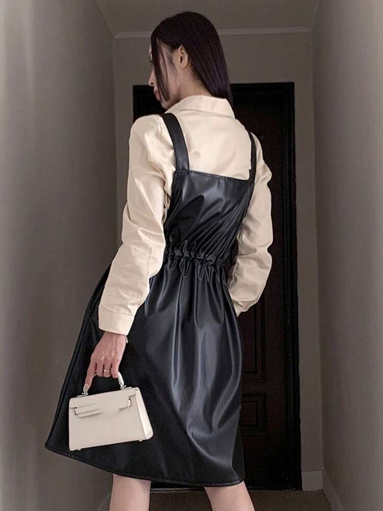 Women's Drawstring Waist Overalls Dress,Casual Women Dresses