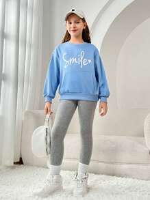 女大童字母圖案袋鼠口袋落肩袖運動衫 - 藍色 - 查看 4