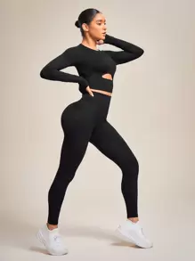 SHEIN Daily&Casual Cut Out Front Thumb Holes Sports Set - Black - View 1