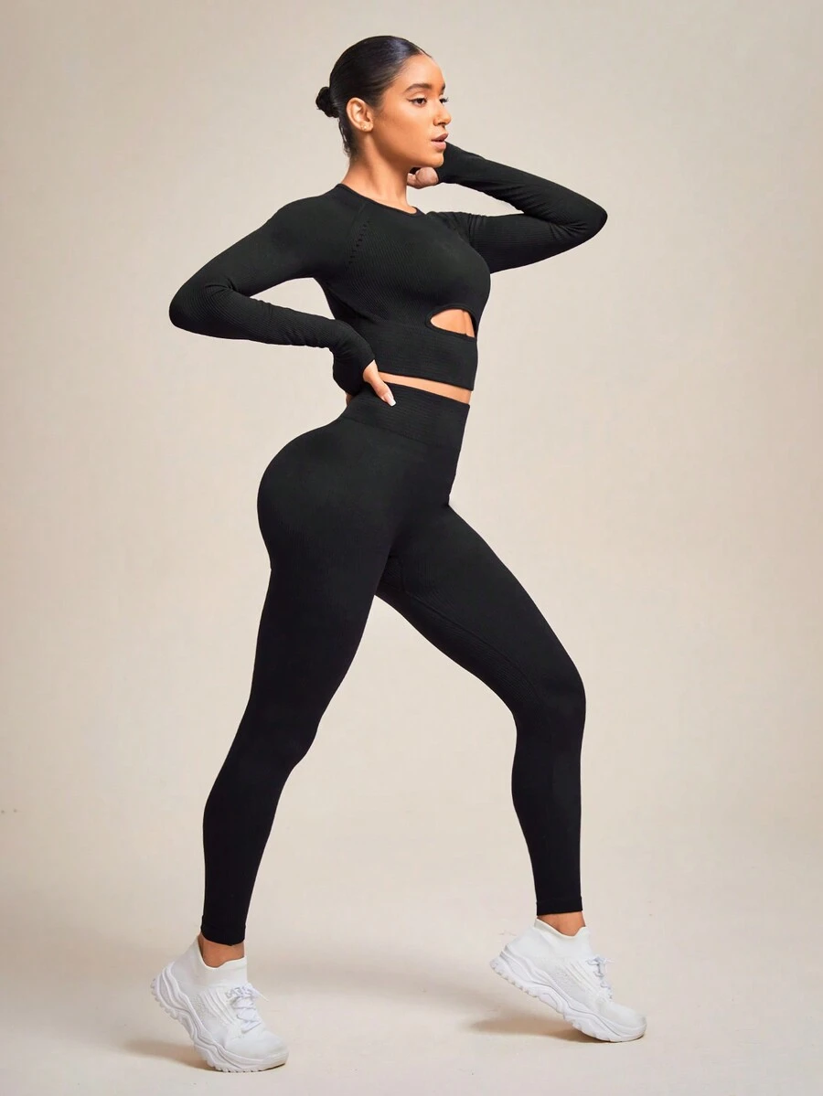 SHEIN Daily&Casual Cut Out Front Thumb Holes Sports Set - Black - View 1