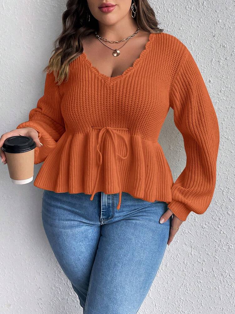 Plus Scallop Trim Lantern Sleeve Tie Front Peplum Sweater