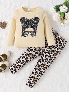 SHEIN Cô Gái Trẻ Báo & Đồ họa Hình Áo thun & quần - Màu be - Xem 7