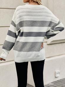 Chiquease Color Block Drop Shoulder Pointelle Knit Sweater - Grey - View 2