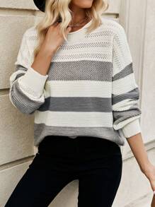 Chiquease Color Block Drop Shoulder Pointelle Knit Sweater - Grey - View 5