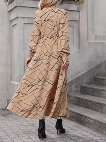 SHEIN Clasi 滿版幾何圖案燈籠袖洋裝不附腰帶 - 卡其色 - 查看 2