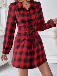 Chiquease Plaid Print Lace Up Front Shirt Dress - Red - View 4