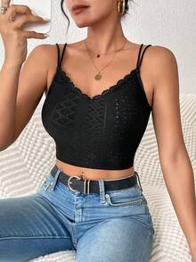 SHEIN Frenchy Solid Lace Trim Crop Cami Top - Black - View 3