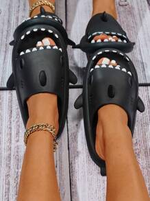 鲨鱼形露趾厚底拖鞋，可爱卡通沙滩拖鞋，情侣人字拖，夏季度假和派对鞋 - 黑色 - 查看 5