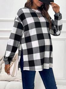 SHEIN Maternity Buffalo Plaid Print Drop Shoulder Split Hem Tee With Long Sleeve - Black and White - View 4