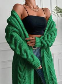 EURMUSE Cable Knit Drop Shoulder Open Front Cardigan - Dark Green - View 3