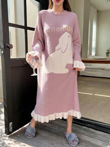 DAZY Cartoon & Đồ họa chữ cái tay áo lá sen Xù Hoa Sen Đầm giản dị - Hồng - Xem 3