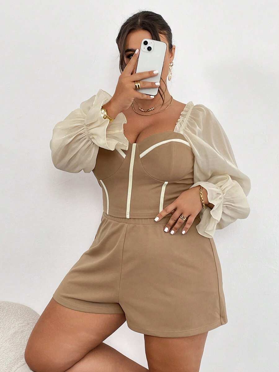 SHEIN Privé Talla grande Shorts con top de manga con volante - Caqui - Ver 1