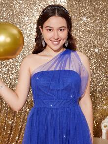 Teen Girl One Shoulder Mesh Overlay Dress - Baby Blue - View 6