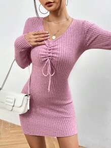 SHEIN Unity Mặt trước dây rút Đồ đan Ribbed Đầm Áo len - Hồng - Xem 1