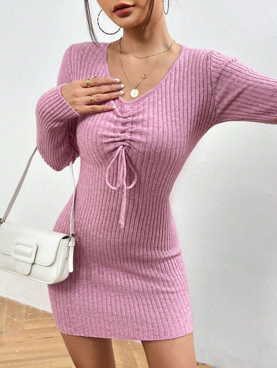 SHEIN Unity Mặt trước dây rút Đồ đan Ribbed Đầm Áo len - Hồng - Xem 1