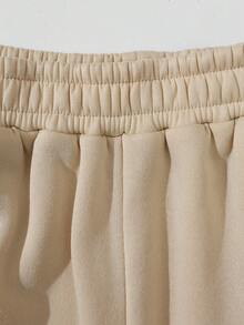 SHEIN EZwear 仙人掌和標語圖案加絨內裏運動衫&運動短褲 - 杏色 - 查看 5