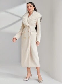 Modelyn Borg Collar Double Breasted Overcoat - Beige - View 5
