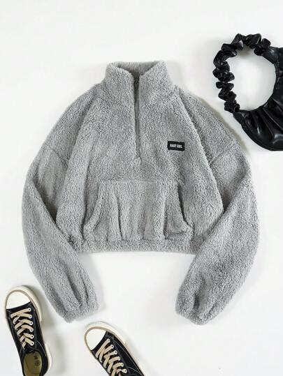 SHEIN EZwear Letter Patched Detail Kangaroo Pocket Drop Shoulder Fuzzy Sweatshirt,Long Sleeve Tops
