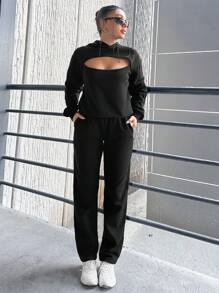 RueChic Plus Cut Out Drop Shoulder Hoodie & Sweatpants - Black - View 1