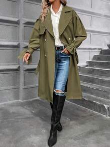 SHEIN Frenchy Double Breasted Belted Trench Coat - Army Green - View 1
