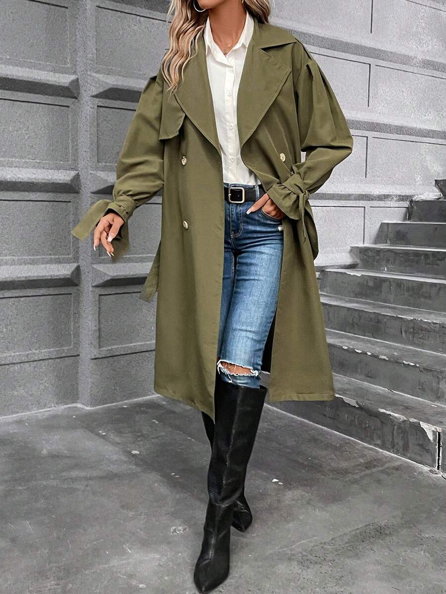 SHEIN Frenchy Double Breasted Belted Trench Coat - Army Green - View 1
