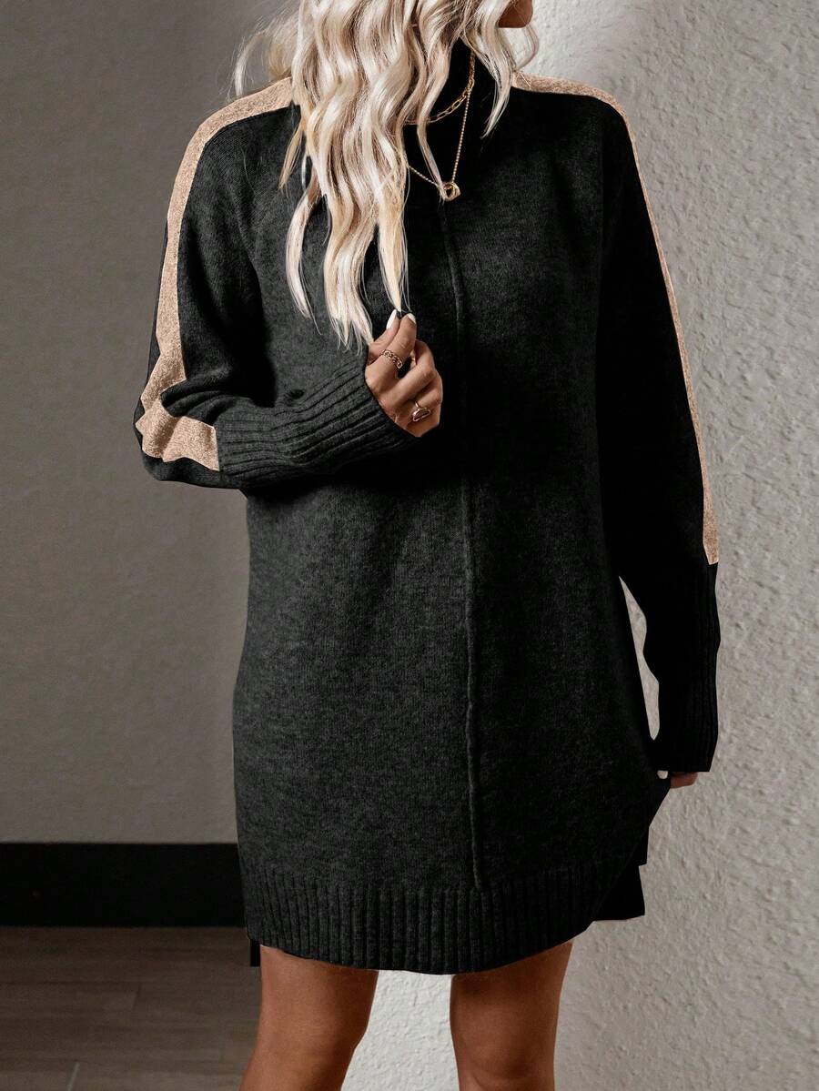 SHEIN LUNE Vestido de punto con costura lateral en contraste de manga raglán - Negro - Ver 1