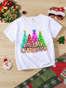 SHEIN Young Girl Christmas Print Tee - White - View 1
