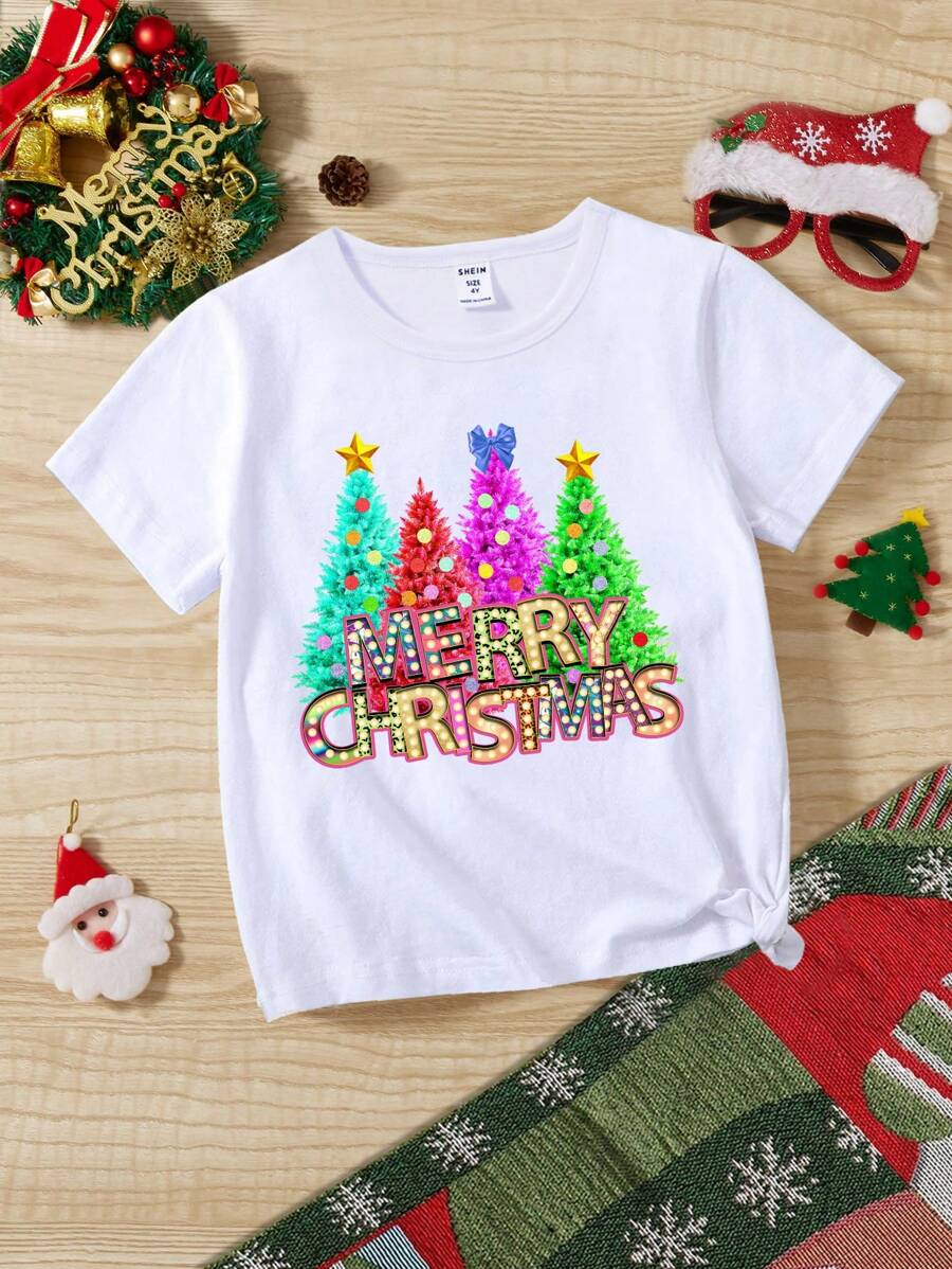 SHEIN Young Girl Christmas Print Tee - White - View 1