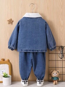 Đứa bé trai Thêu Gấu Lót Teddy Áo khoác & Quần & Áo thun - Màu xanh lam - Xem 2