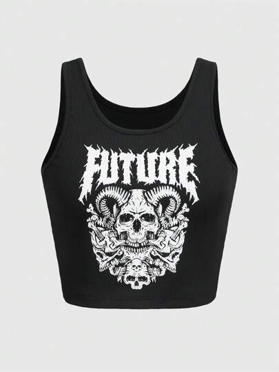 saltyvibespage Débardeur élastique tricoté sans manches pour femmes avec imprimé logo crâne mystérieux et effrayant