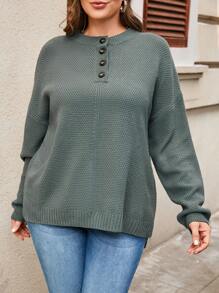 EMERY ROSE 大碼半排扣落肩袖套頭毛衣 - 綠色 - 查看 1