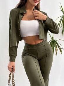 Conjunto De Dos Piezas De Traje Verde Oliva Con Chaqueta De Un Solo Botón Y Pantalones - Verde militar - Ver 6