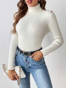 SHEIN Frenchy 高領紐扣細節套頭毛衣 - 白色 - 查看 3