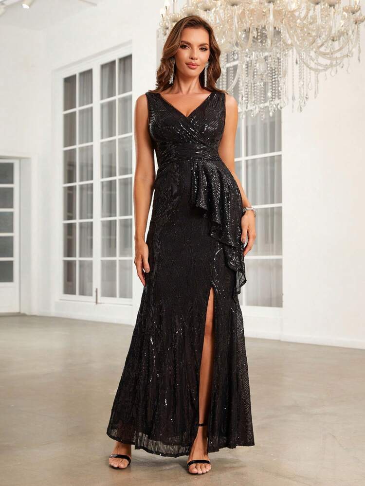 Split Thigh Sequin Formal Dress