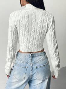 SHEIN EZwear Cable Knit Half Zip Crop Sweater - White - View 2