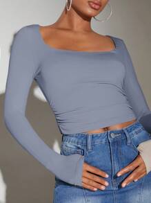 SHEIN BAE 大圓領側收褶短款T恤 - 霧霾藍 - 查看 6