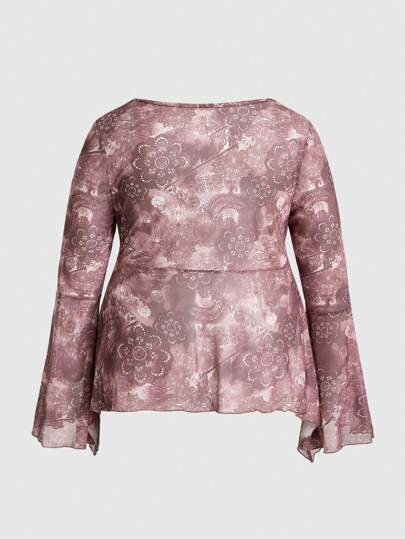 Fairycore Talla grande Top con estampado con cordón delantero de manga amplia