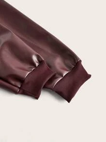 SHEIN EZwear 大碼拉鏈開襟PU皮革飛行員夾克 - 棕色 - 查看 3