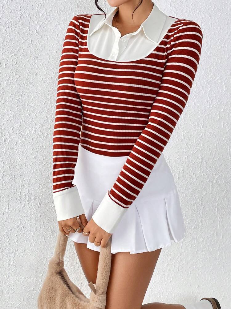Striped Print Polo Neck 2 in 1 Tee