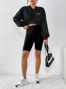 SHEIN Essnce Letter Embroidery Drop Shoulder Crop Sweatshirt - Black - View 5