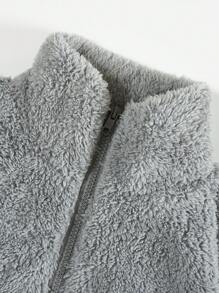 SHEIN EZwear 夏季女式半拉链白色抓绒卫衣，带字母贴布设计，秋冬季短款女式半拉链卫衣 - 灰色 - 查看 3