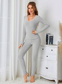 Lace Trim Ribbed Knit PJ Set / Pajama Set - Grey - View 3