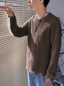 Manfinity EMRG 男士落肩袖破洞仿舊邊套頭毛衣 - 咖啡棕 - 查看 4