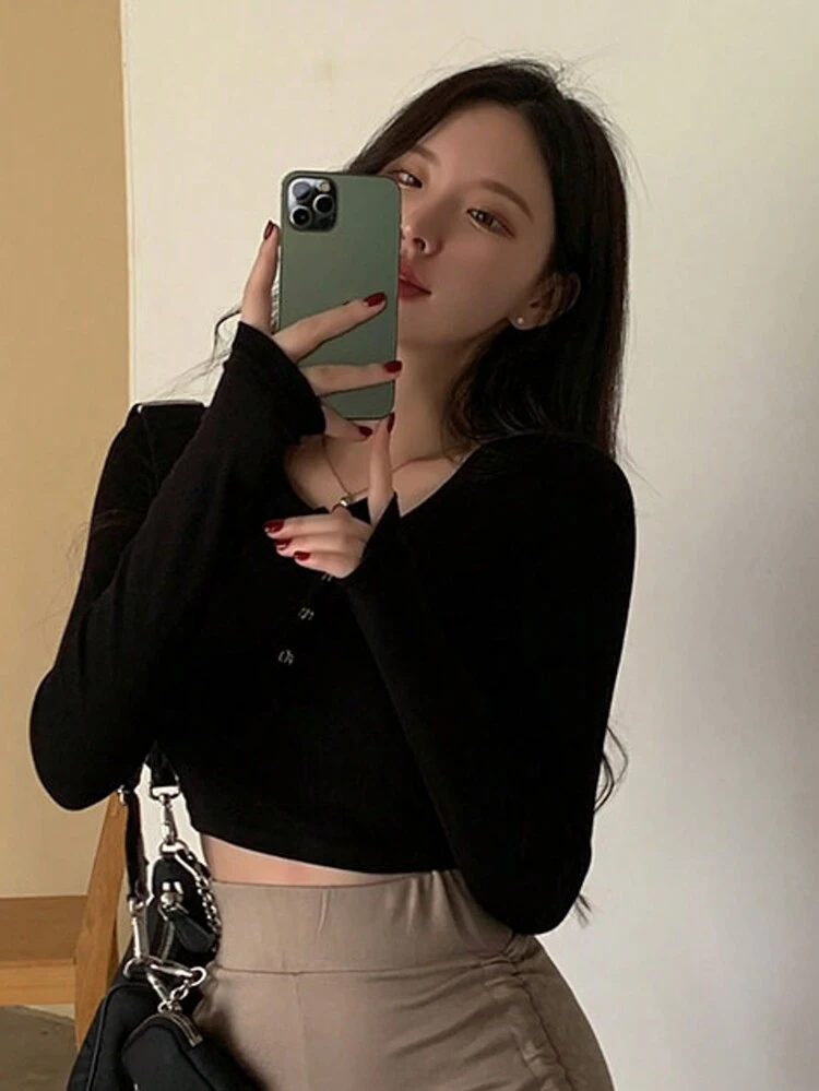 Solid Button Front Crop Tee Long Sleeve Women Tops,Fall Women Clothes