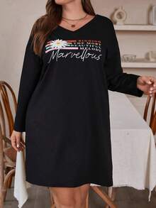 SHEIN LUNE Kích thước lớn Hoa & In thư Thả vai Đầm - màu đen - Xem 3