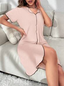 Tương phản ràng buộc Ren Mộc nhĩ Viền chia cắt Đồ đan Ribbed Đầm giản dị - Màu Hồng  San hô - Xem 4