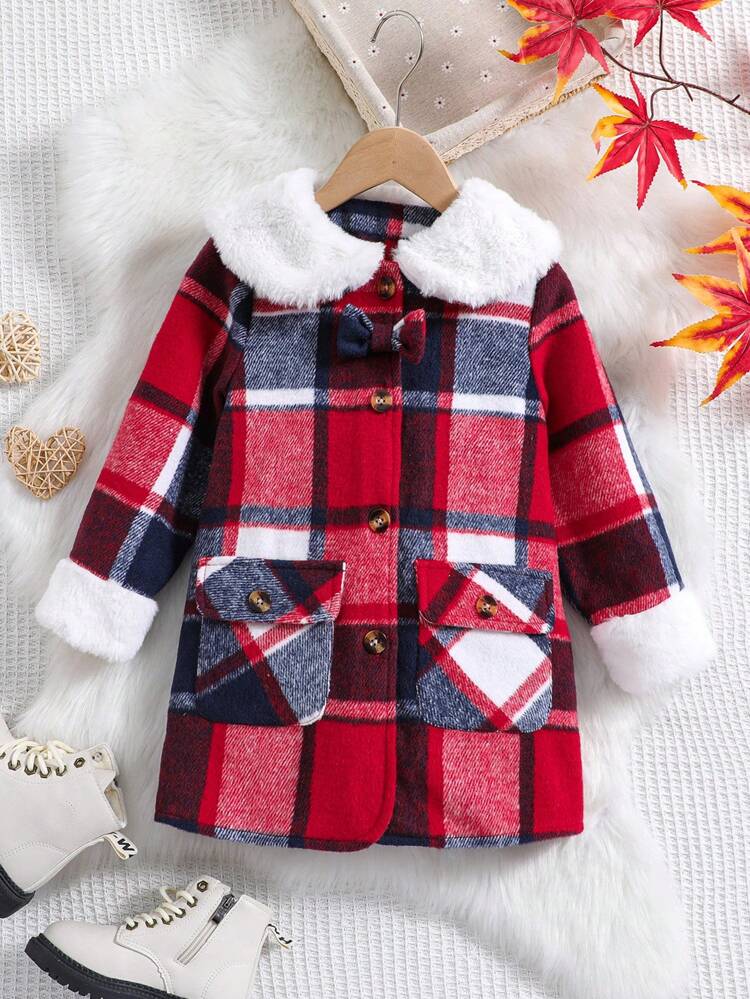 Young Girl Plaid Print Borg Collar Flap Pocket Bow Front Overcoat