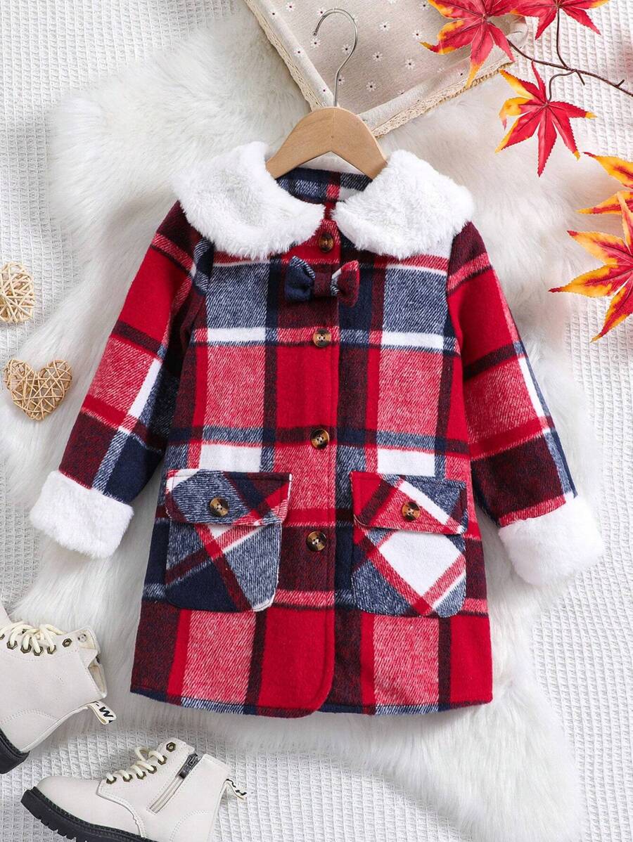 SHEIN Young Girl Plaid Print Borg Collar Flap Pocket Bow Front Overcoat - Multicolor - View 1